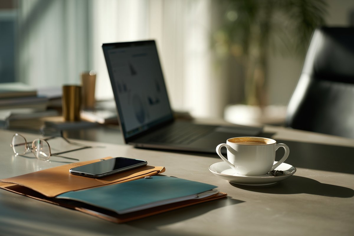 Bureau contemporain de dirigeante avec pochette en cuir, lunettes et espresso, lumière naturelle douce