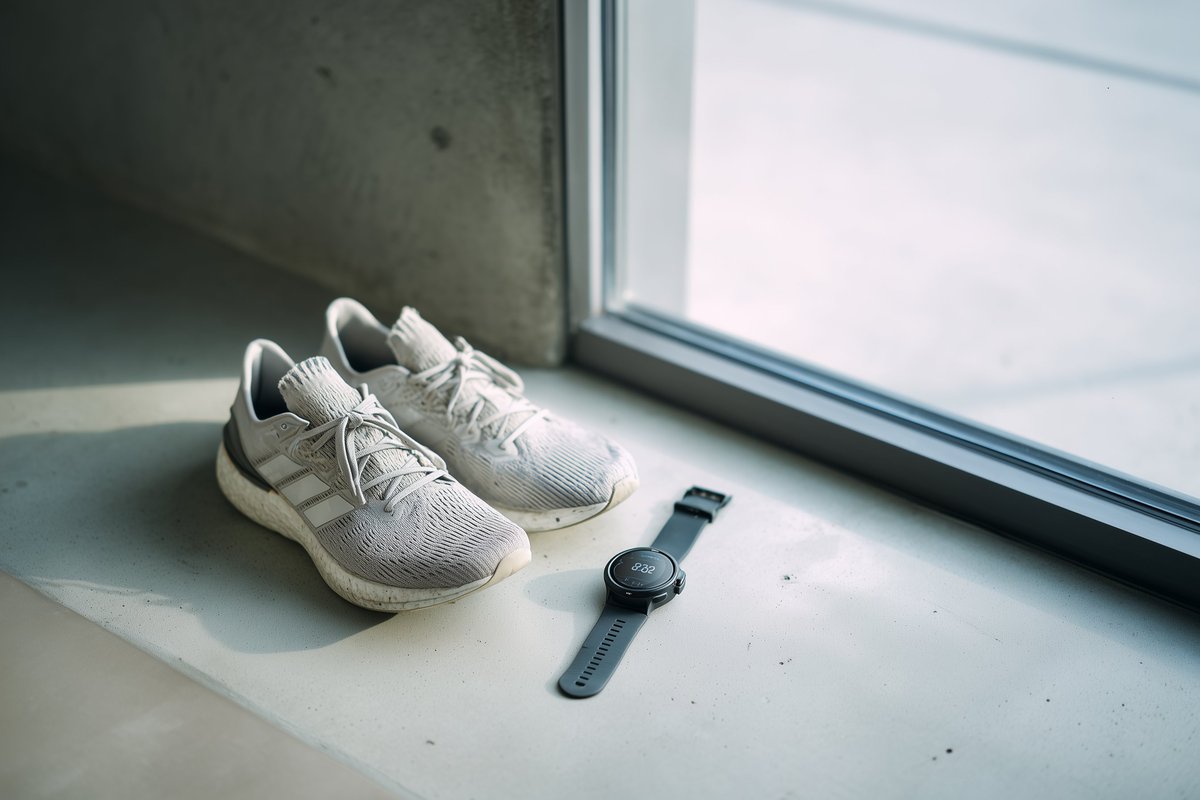 Chaussures de running et montre GPS posées près d'une fenêtre, ambiance récupération sportive premium